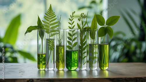 Green plant extracts in test tubes with natural background