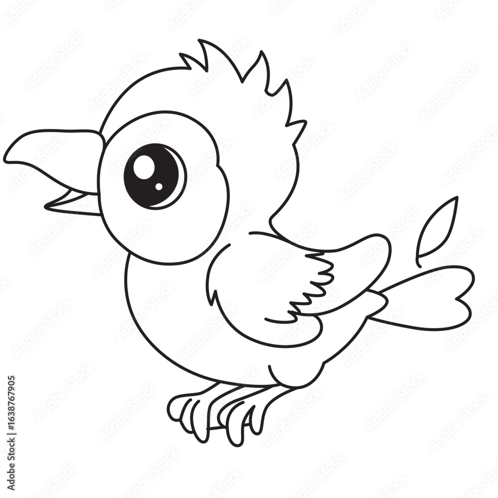 Fototapeta premium Happy cartoon bird with open beak, playful outline illustration for coloring, kids learning, and nature-themed art projects.