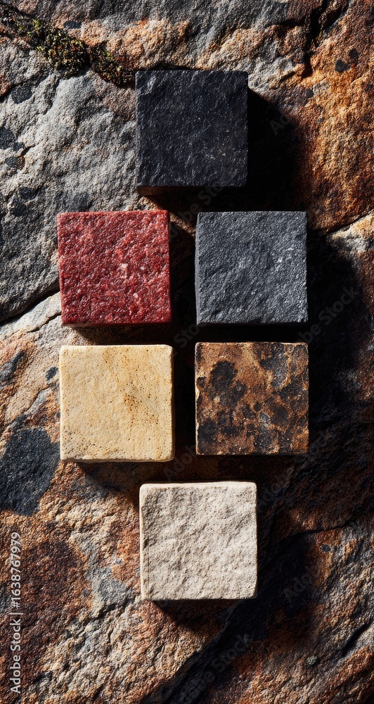 Fototapeta premium Six square blocks of various colors and textures arranged on a weathered stone surface
