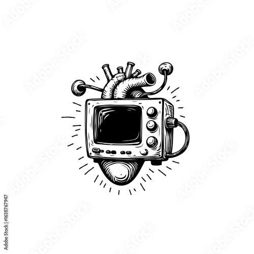 Anatomical Heart Merged with Retro Television: A Surreal Fusion of Biology and Technology