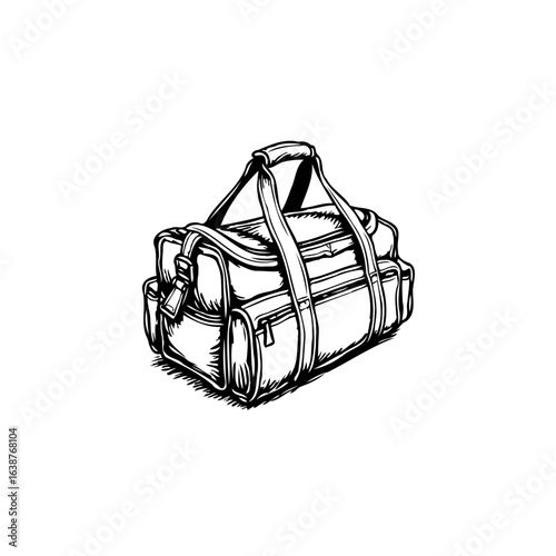 Detailed Black and White Illustration of a Stylish Duffle Bag on a White Background