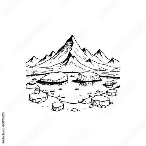 Monochrome landscape illustration showcasing majestic mountains and scattered ice floes
