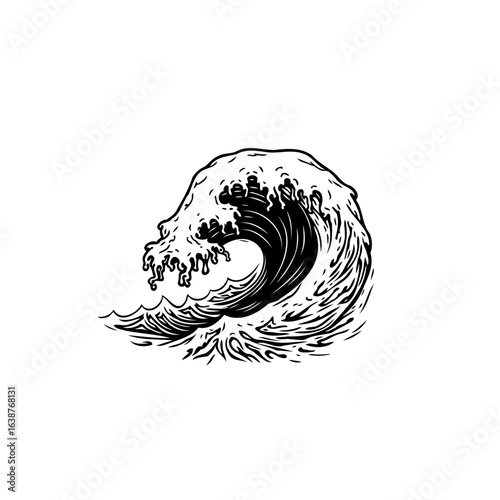 Monochrome line art drawing of a large ocean wave with cresting foam and stylized details