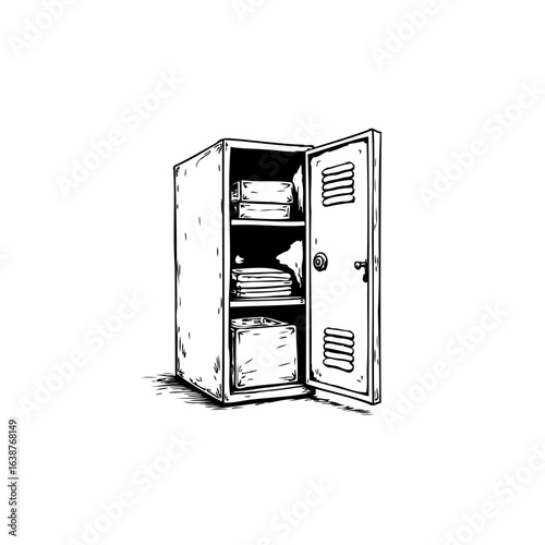 Sketch of an Open Locker with Books and Other Items Inside in Black and White