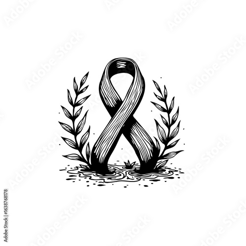 Monochrome ribbon symbol design with plant decorations for awareness campaigns