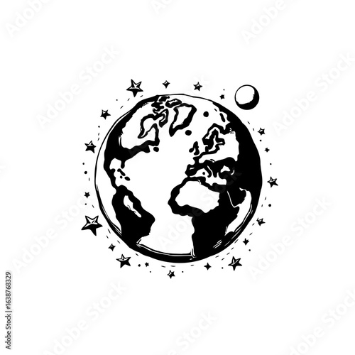 Stylized planet earth illustration with stars and moon for educational designs