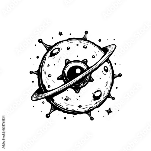Stylized planet with eye-shaped center and orbital ring in monochrome sketch style