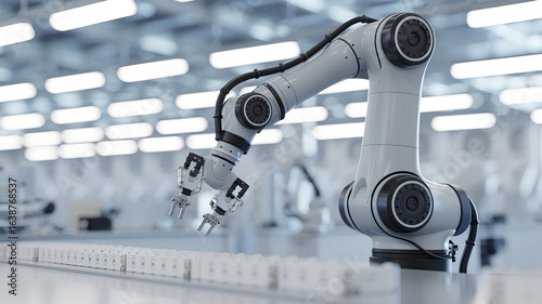 Modern industrial robotic arm in a clean manufacturing facility