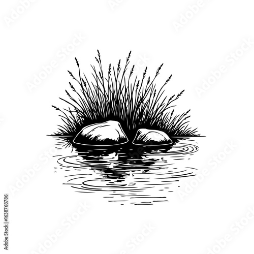 Minimalist hand-drawn illustration of rocks in water with grass growing behind them