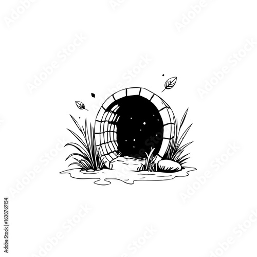 Mysterious tunnel entrance with falling leaves in black and white drawing