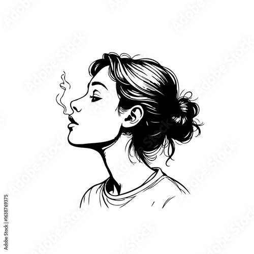 Monochrome illustration of a young woman smoking with her hair in a bun