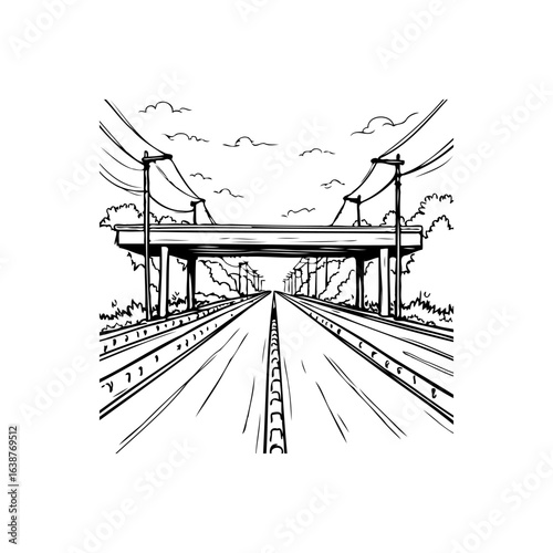 Monochrome perspective drawing of an elevated highway showcasing an infrastructure scene
