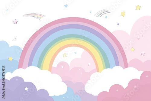 Pastel rainbow arch over soft clouds with stars and streaks