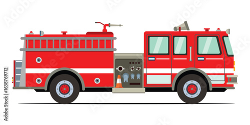 Fire engine truck front view. Firetruck car with Siren alarm and water tank. Firefighter red vehicle. Fireman emergency rescue transport. Firefighting lorry vector eps flat illustration
