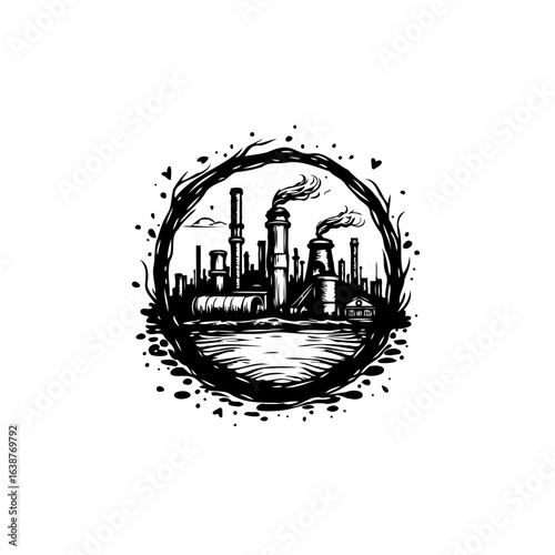Monochrome industry scene with factory and smoke in a circular frame design