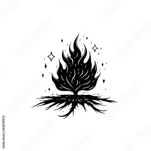 Mystical Burning Bush Icon: Hand-Drawn Vector Illustration with Sparkling Stars
