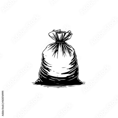 Black and white illustration of a tied garbage bag isolated on a white backdrop