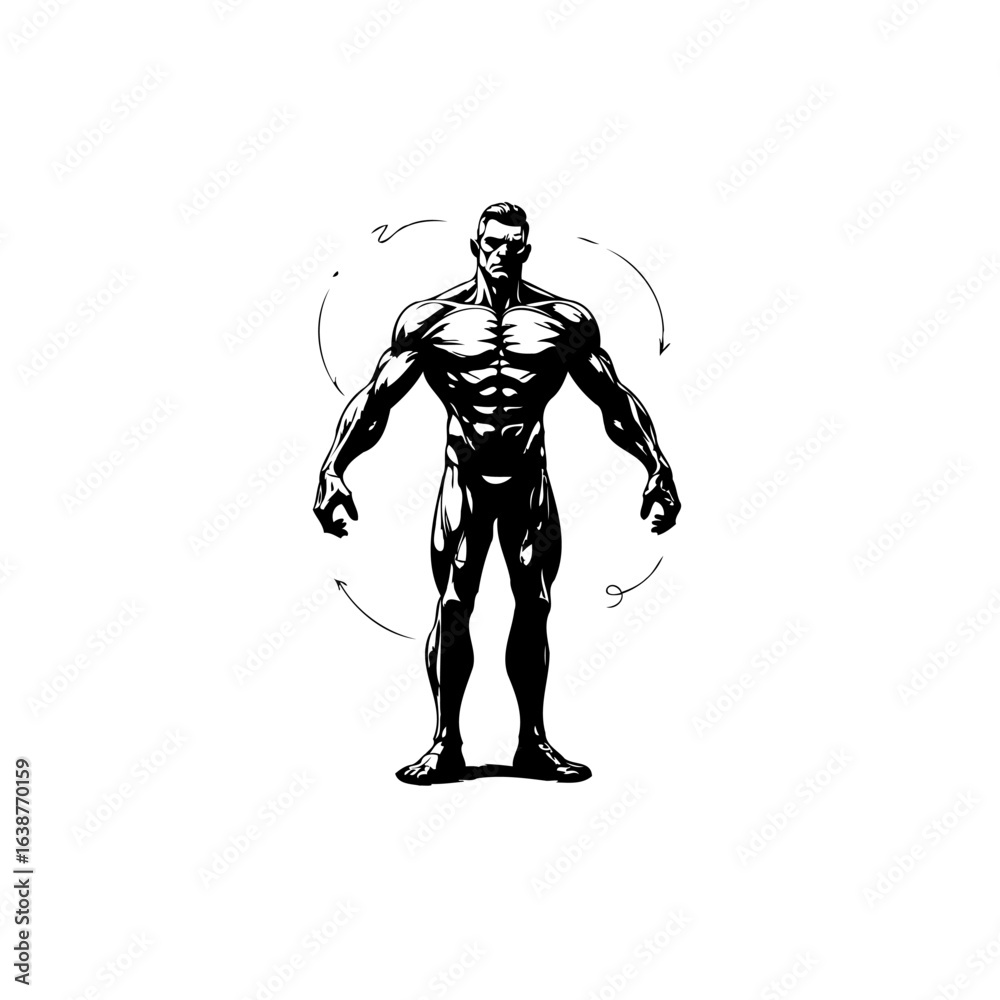 Obraz premium Illustration of muscular man showcasing fitness and health with circular motion