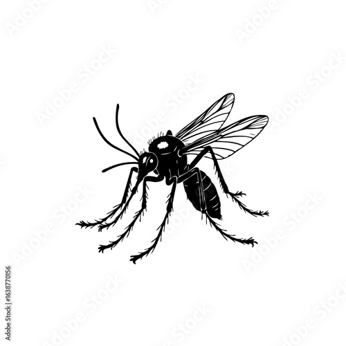 Detailed drawing of a mosquito featuring intricate wing and leg details in black