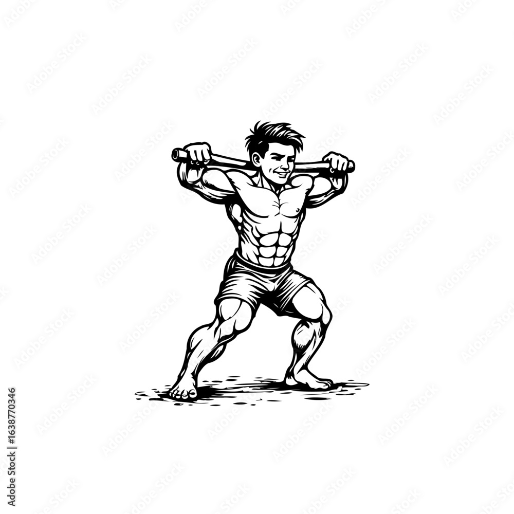 Fototapeta premium Muscular Cartoon Character Doing Exercises with Barbell Isolated on White Background