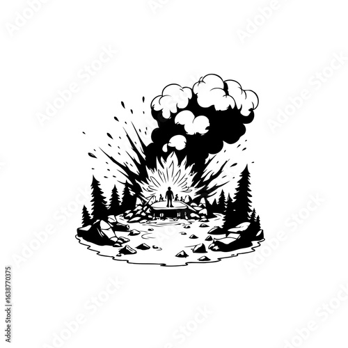 Dramatic explosion illustration in nature featuring a silhouette figure on platform
