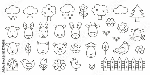 Collection of cute hand drawn farm animals and nature elements