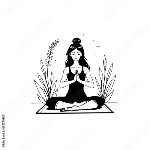 Serene yoga illustration: A woman in lotus position surrounded by botanicals