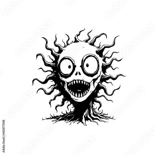 Spooky Halloween Tree Creature with Skeleton Face and Branch Hair Illustration