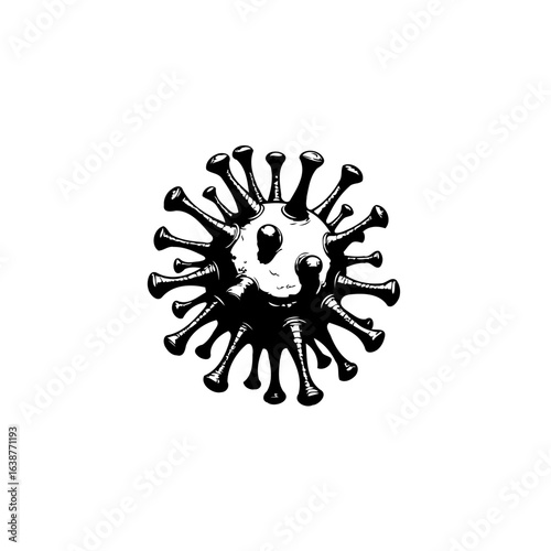 Black and white drawing of a virus cell, representing pandemic and health