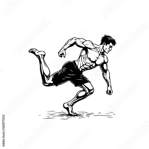 Monochrome athletic man in dynamic motion, showcasing fitness and muscular build