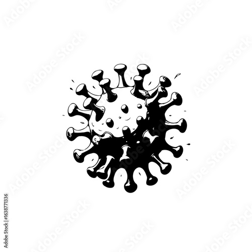 Monochrome Illustration Depicting a Virus Structure with Unique Morphology and Details