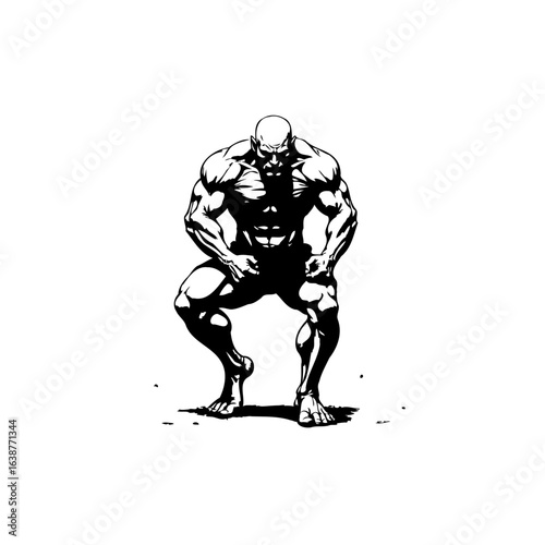 Powerful physique: Silhouette illustration of a muscular bodybuilder squatting