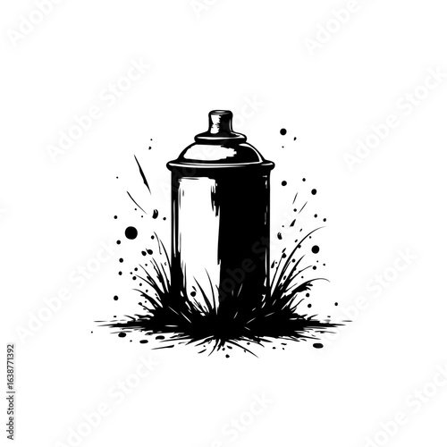 Black and white spray can illustration with detailed splatter art surrounding it