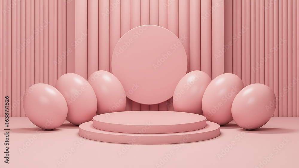 Fototapeta premium Minimalist pink pedestal display with oval shapes and vertical backdrop