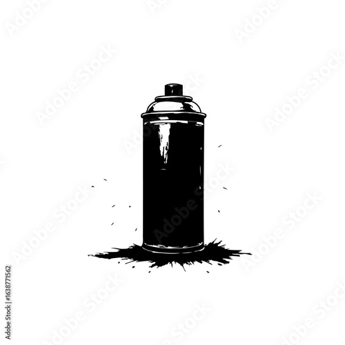Black and white vector illustration of a spray paint can with a graffiti effect