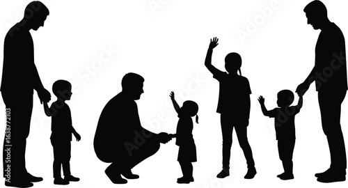 Silhouette of father interacting with children, parenting moments, dad holding hands, fatherhood bonding, teaching, support, care, love, relationship