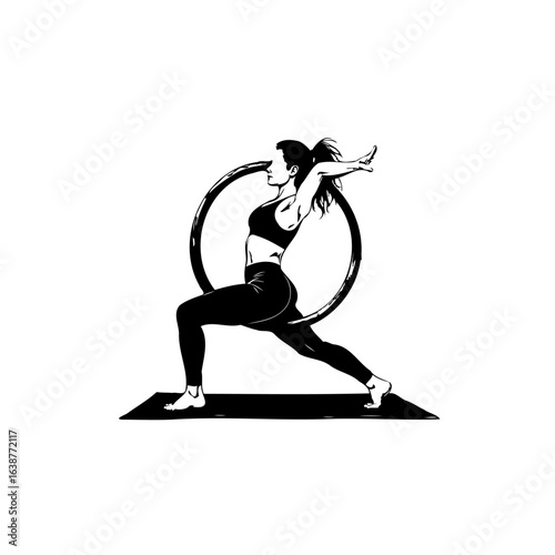 Silhouette of a woman performing aerial yoga with a hoop for fitness and wellness