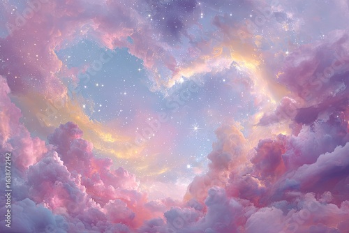 Pastel cloudscape, star-dusted sky.  Soft, ethereal colors of pink, purple, and peach merge with a light blue sky.  Sparkling stars dot the fluffy clouds, creating a dreamy, romantic atmosphere