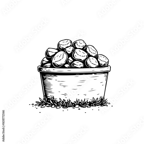 Monochrome illustration of a planter filled with smooth rocks and vegetation