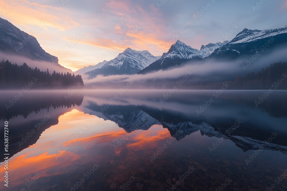Fototapeta premium tranquil reflection of snowy peaks at sunrise.