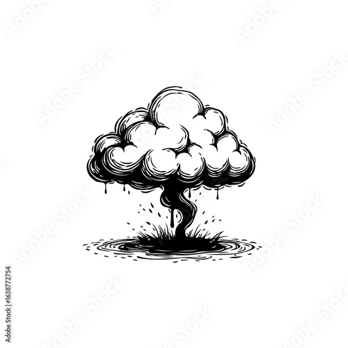 Stylized black and white image showcasing a dynamic explosion or mushroom cloud