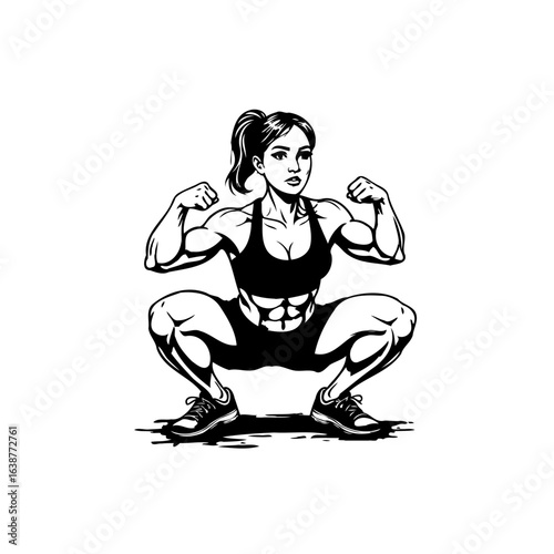Strong fitness woman squatting and flexing muscles showing abdominal muscles illustration