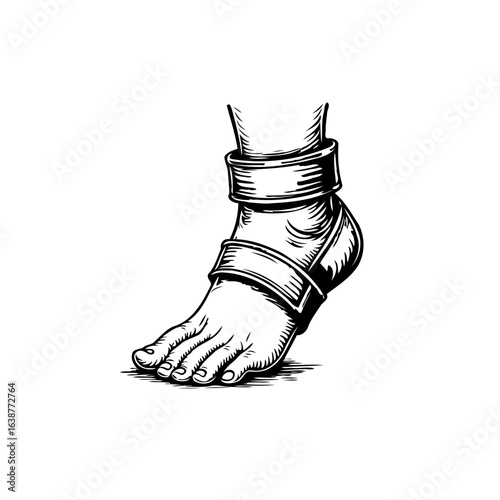 Antique Illustration of a Shackled Foot Symbolizing Imprisonment and Restriction