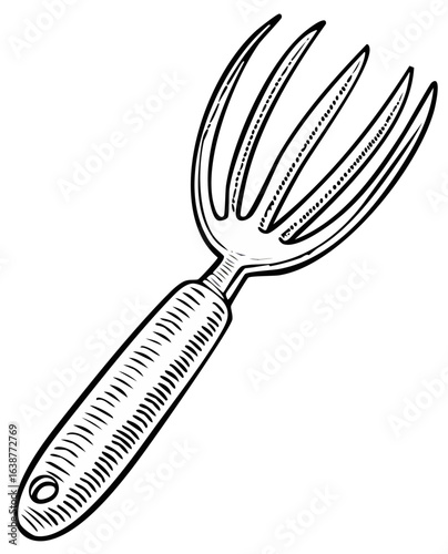 Black and White Illustration of a Garden Fork or Hand Rake