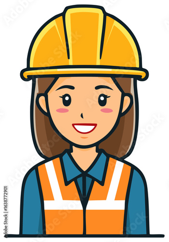Illustration of a woman wearing safety vest and hard hat, construction worker, safety gear, occupational safety