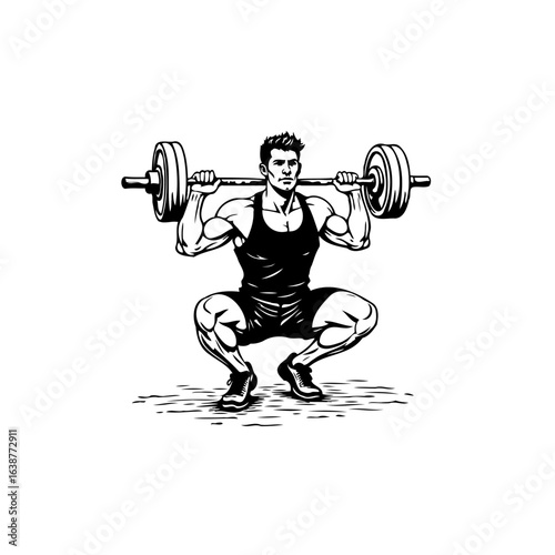 Illustration of a strong athletic man doing a squat with a barbell on his shoulders