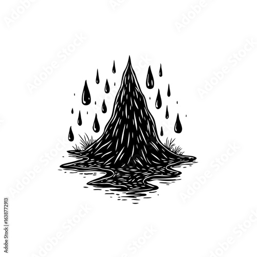 Monochrome illustration of a dark mountain with rain, embodying eerie and surreal art