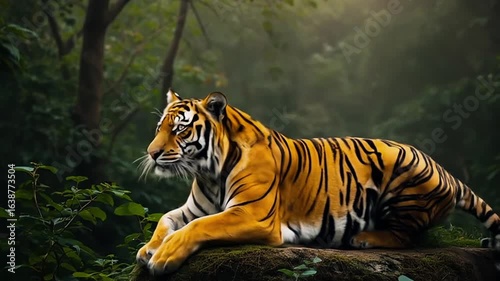 A lion slowly sat down on a rock.