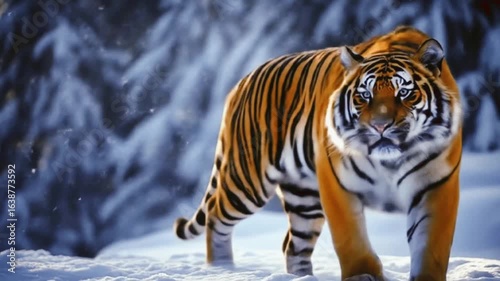 A lion walks with snowflakes falling in the background.