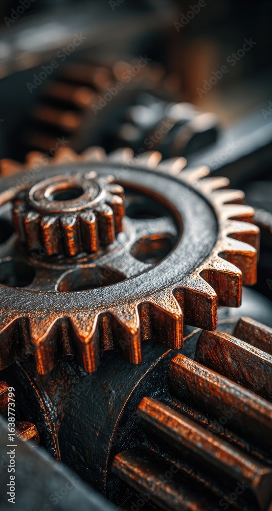 Close-up of intricate gears, rusted copper tones Close-up of intricate gears, rusted copper tones